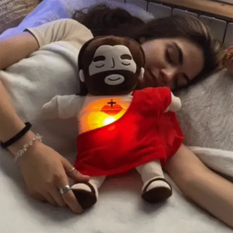 Breathing Jesus plush used as a comforting sleep companion