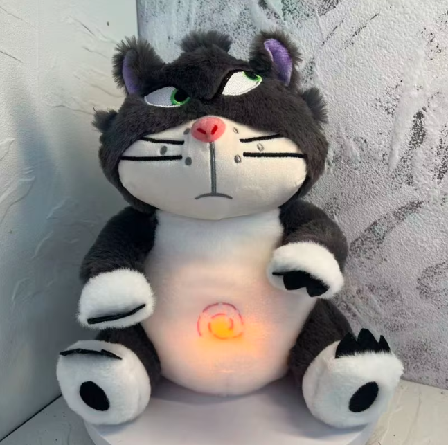 Close-up of breathing Lucifer cat plush toy with glowing belly feature, designed for anxiety relief, sleep comfort, and calming support