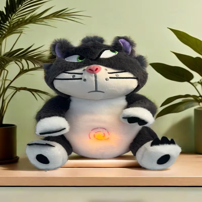 Breathing Lucifer cat plush toy with glowing belly light feature, calming anxiety relief stuffed animal designed to help with sleep and emotional comfort