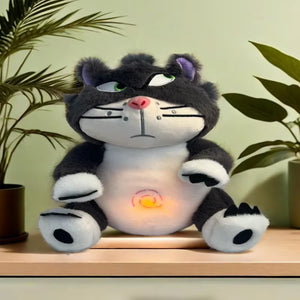 Breathing Lucifer cat plush toy with glowing belly light feature, calming anxiety relief stuffed animal designed to help with sleep and emotional comfort