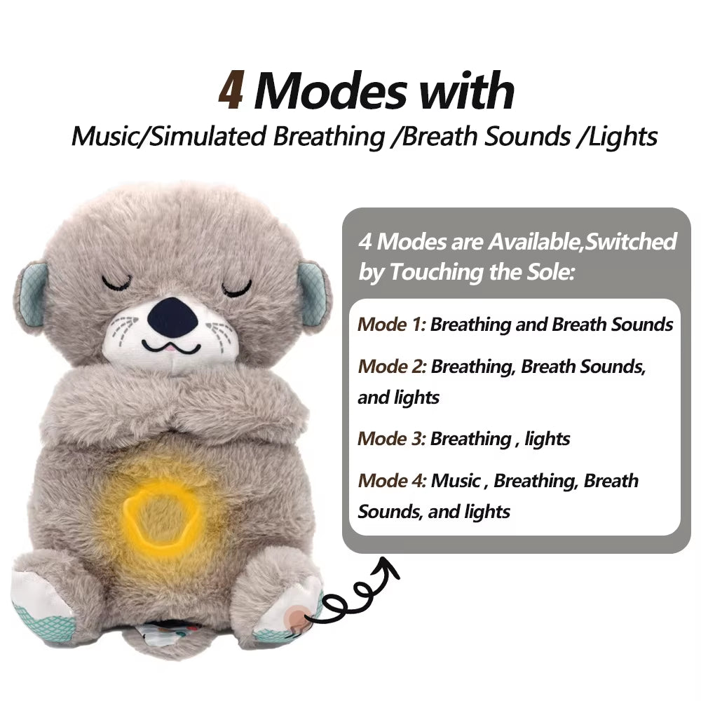 Breathing otter plush toy showing 4 soothing modes with music, lights and gentle breathing motion
