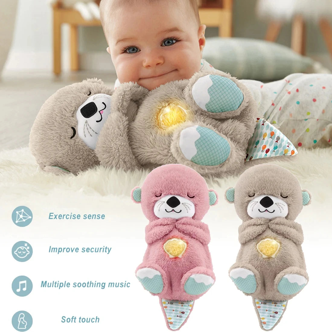 Baby resting with breathing otter plush toy with soft glowing light, soothing sleep companion for infants and toddlers