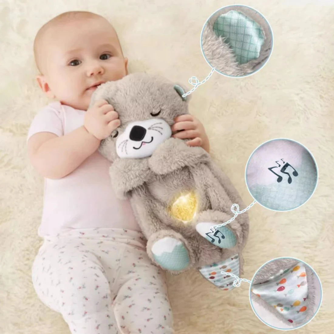 Baby holding breathing otter plush toy with soft glow, soothing music and gentle fabric for calming sleep
