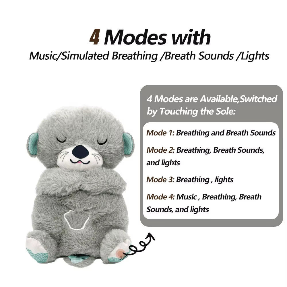 Gray breathing otter plush toy with calming modes, gentle breathing motion, soothing sounds and soft night light