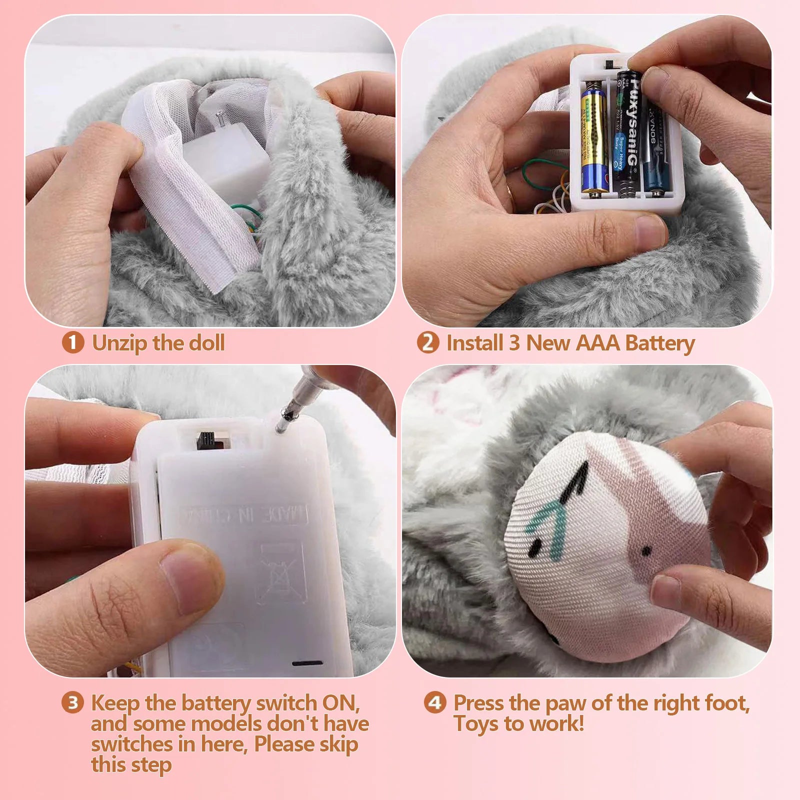 How to set up breathing otter plush toy with battery installation and activation steps.