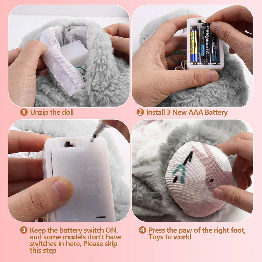 How to set up breathing otter plush toy with battery installation and activation steps.