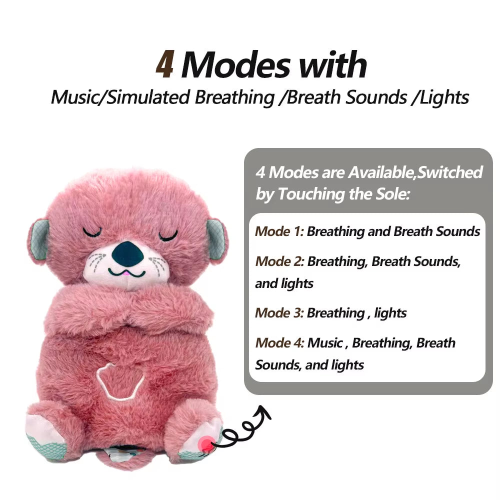Pink breathing otter plush toy showing soothing modes with music, lights and gentle breathing function
