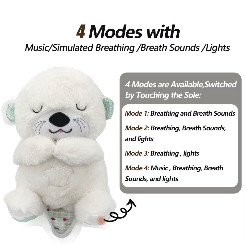White breathing otter plush toy with calming modes, gentle breathing motion, soothing sounds and soft night light