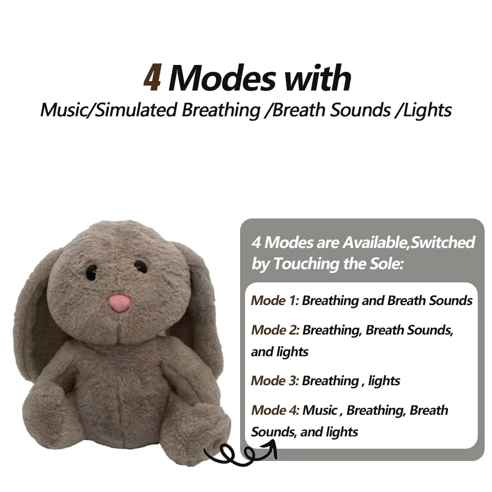 Breathing rabbit plush toy with calming glow and four modes