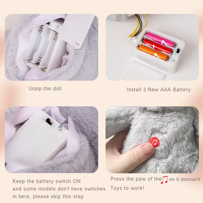 How to install batteries in breathing sloth plush toy showing setup steps and activation button for lights and sound features