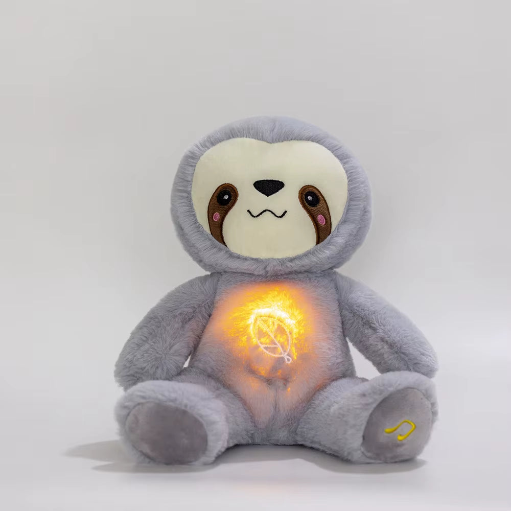 Breathing sloth plush toy with soft glowing light, calming sleep companion designed to help kids relax, reduce anxiety, and fall asleep faster