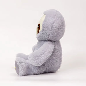 Side view of breathing sloth plush toy showing soft fabric and shape, calming stuffed animal designed for kids comfort and sleep support