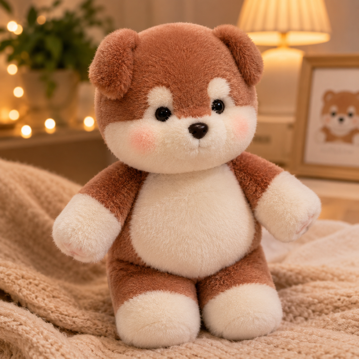 Buddy Zoomies dog plush sitting on a cozy bed with warm lighting, showing a soft brown stuffed animal for cuddles, comfort, and cute room decor