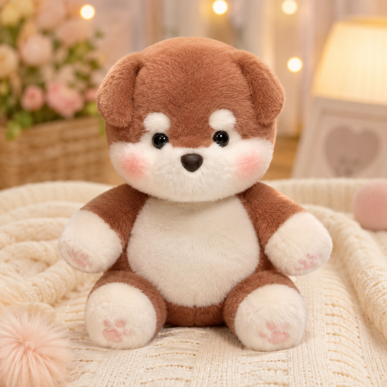 Buddy Zoomies dog plush sitting on a soft blanket with warm bedroom lighting, showing a cute brown stuffed animal for cuddles, comfort, and cozy decor