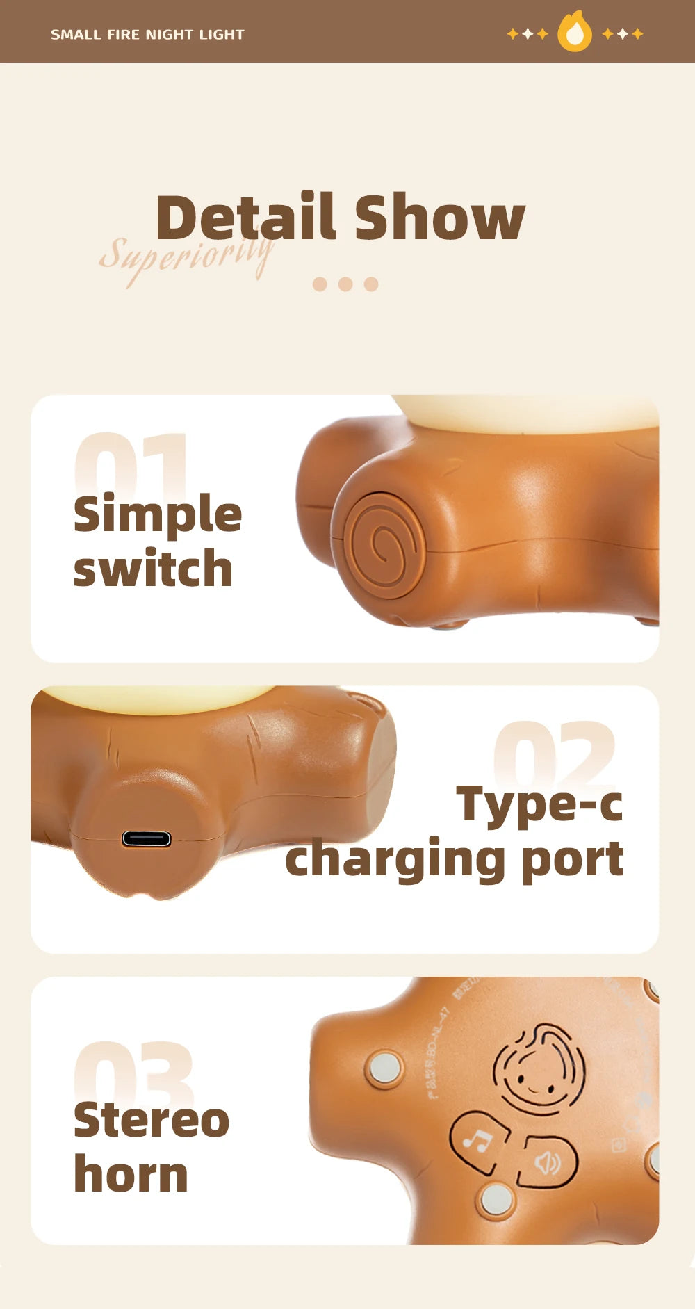 Detailed view of the campfire LED night lamp design