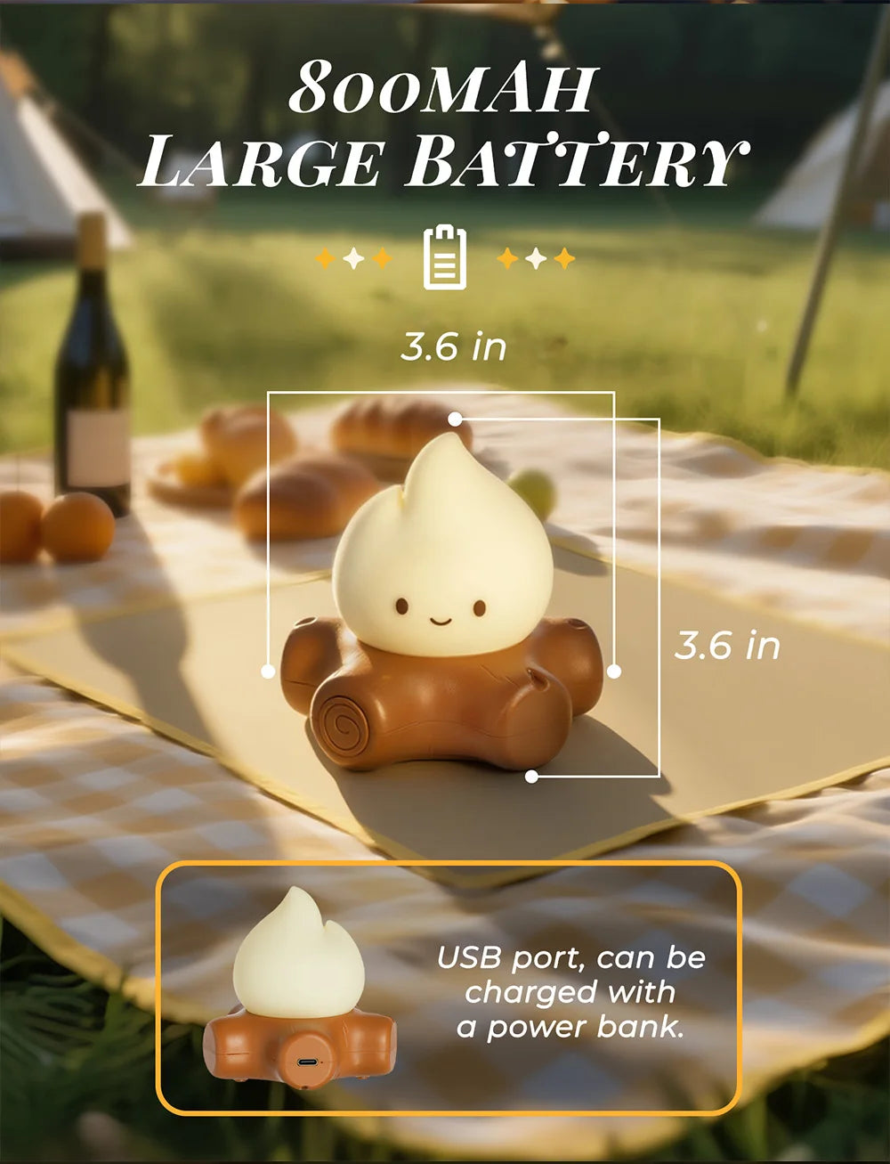 Campfire night light displayed clearly on a desk