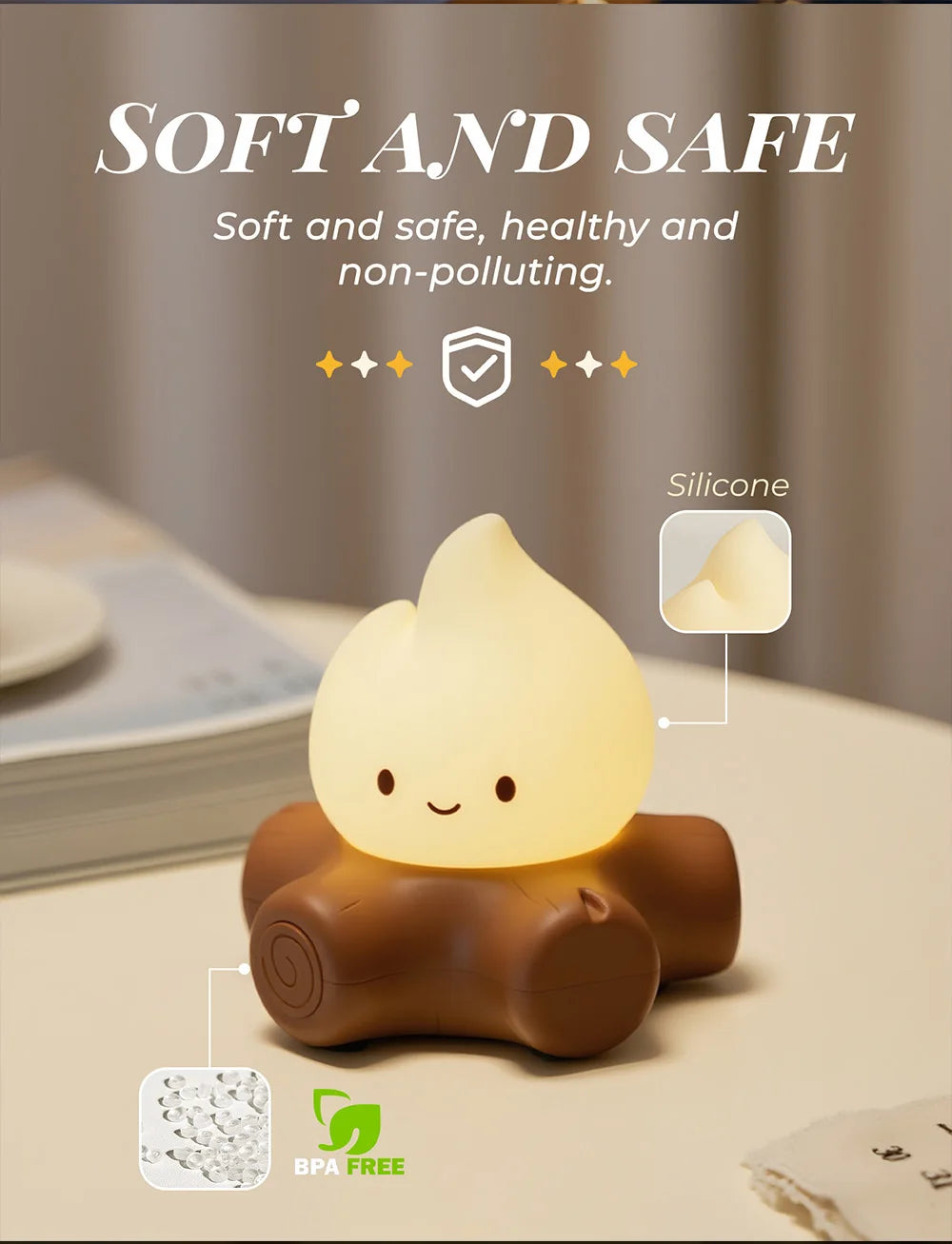 Campfire lamp creating a relaxing atmosphere in the bedroom