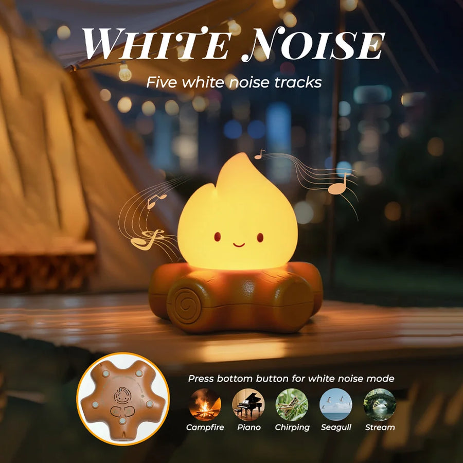 Campfire night light with relaxing white noise sound feature