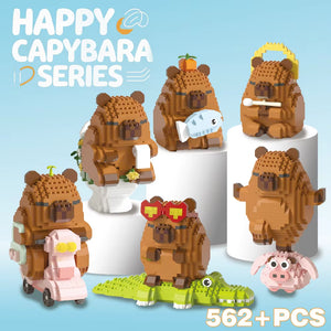 Smiling capybara building blocks model sitting proudly like a tiny king of chill