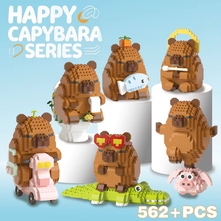 Smiling capybara building blocks model sitting proudly like a tiny king of chill