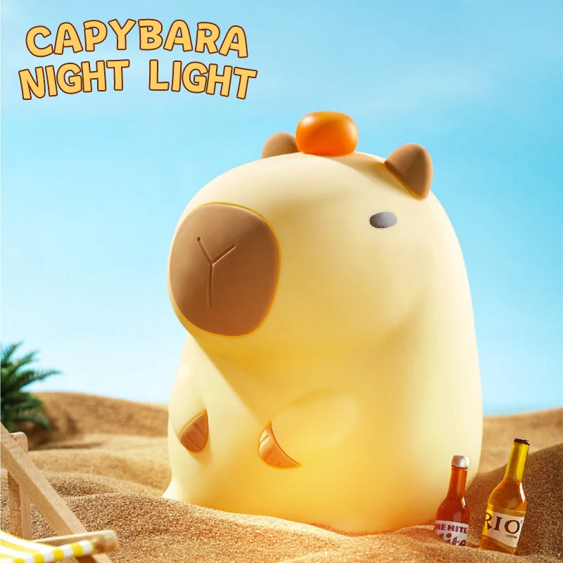 Cute capybara night light made from soft silicone glowing gently