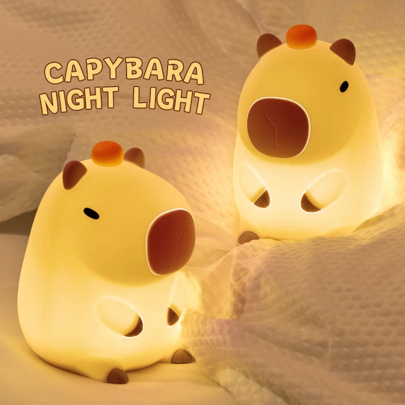 Capybara night light glowing softly in a dark bedroom