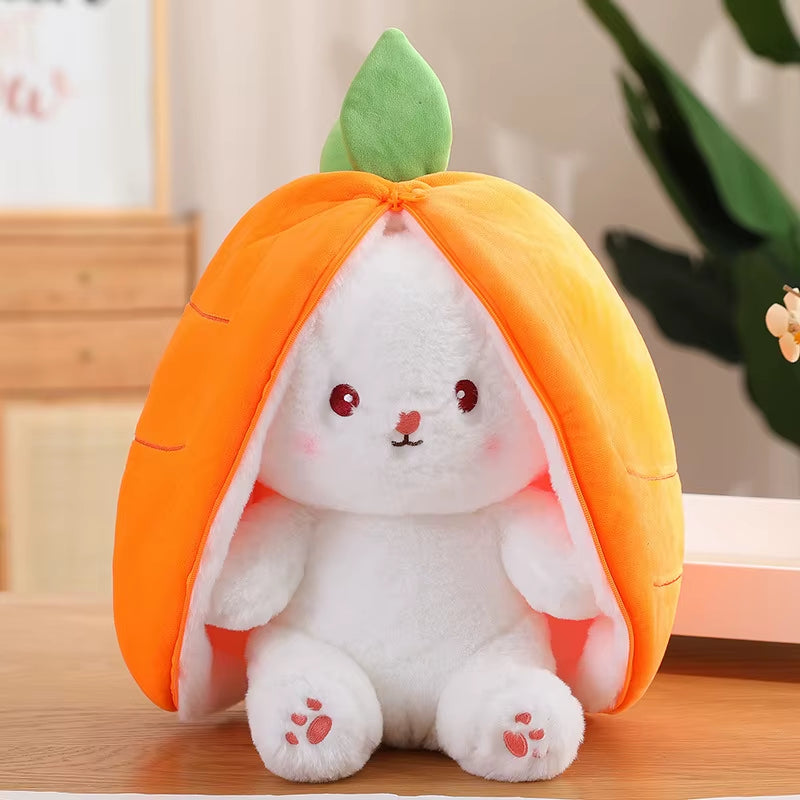 Carrot bunny plush toy opened to reveal cute rabbit inside, transforming stuffed animal with soft fabric, perfect for kids, gifts, and cozy cuddling.