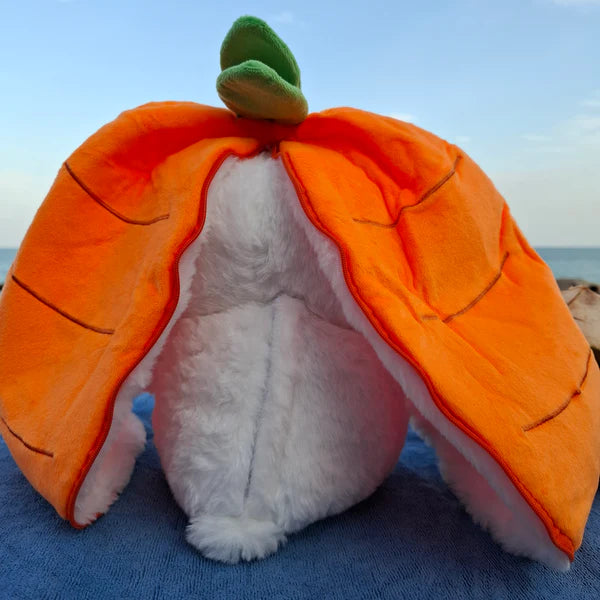 Back view of carrot radish bunny breathing plush toy on the beach