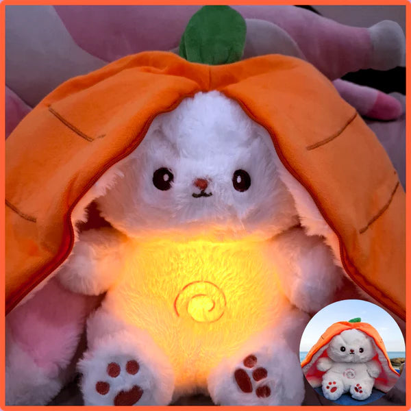Close-up of carrot radish bunny plush glowing with light
