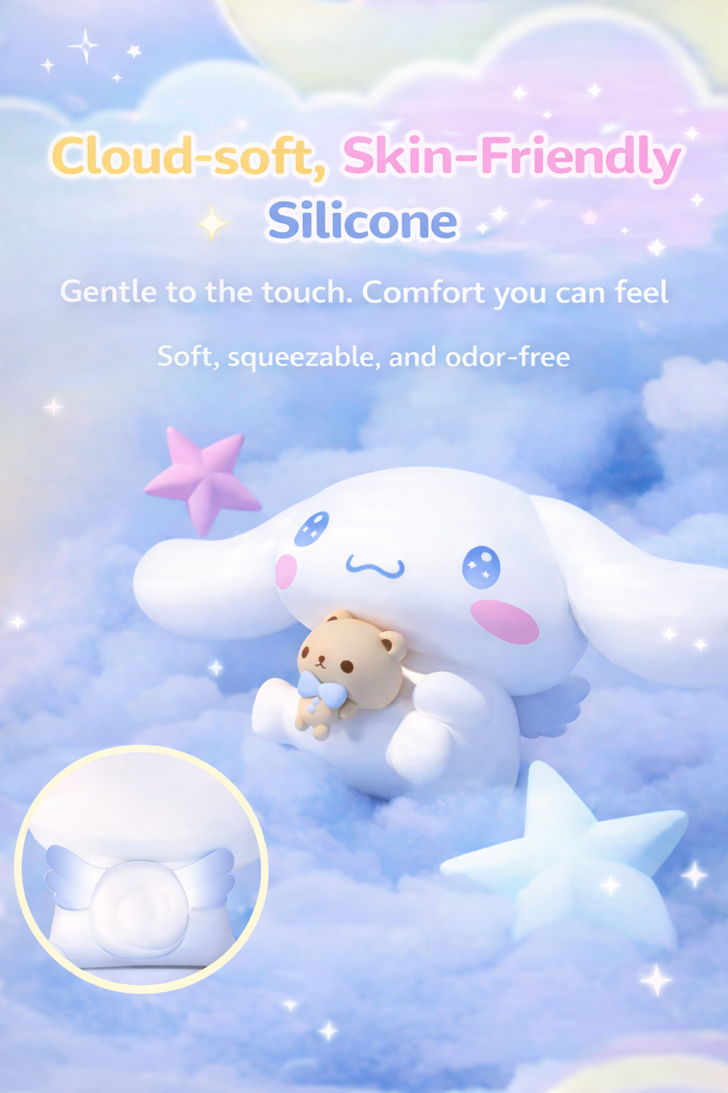 Cinnamoroll angel night light with glowing halo and wings on a cloud stand