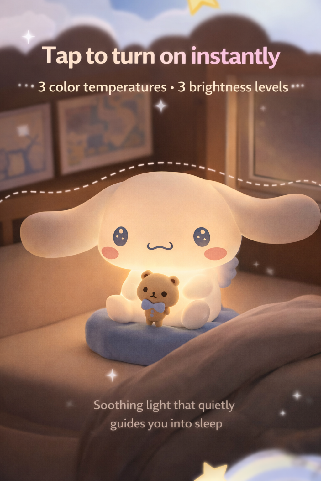 Cinnamoroll night light with starry eyes sitting on a soft cloud base under a night sky