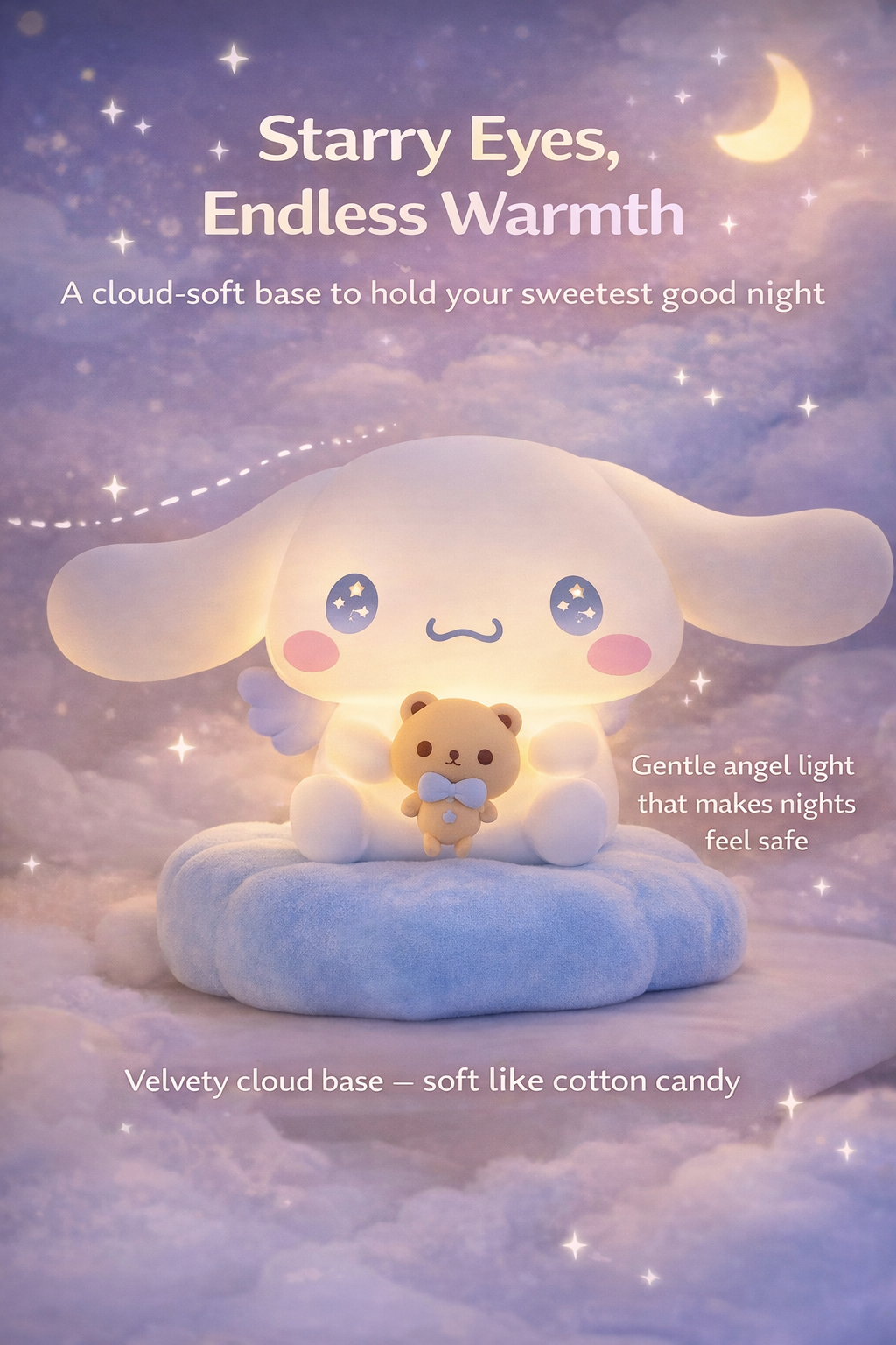 Portable Cinnamoroll angel night light being held in hands with a soft glow