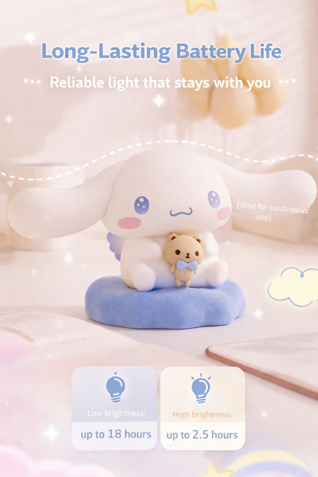 Tap-activated Cinnamoroll night light glowing warmly beside a bed at night