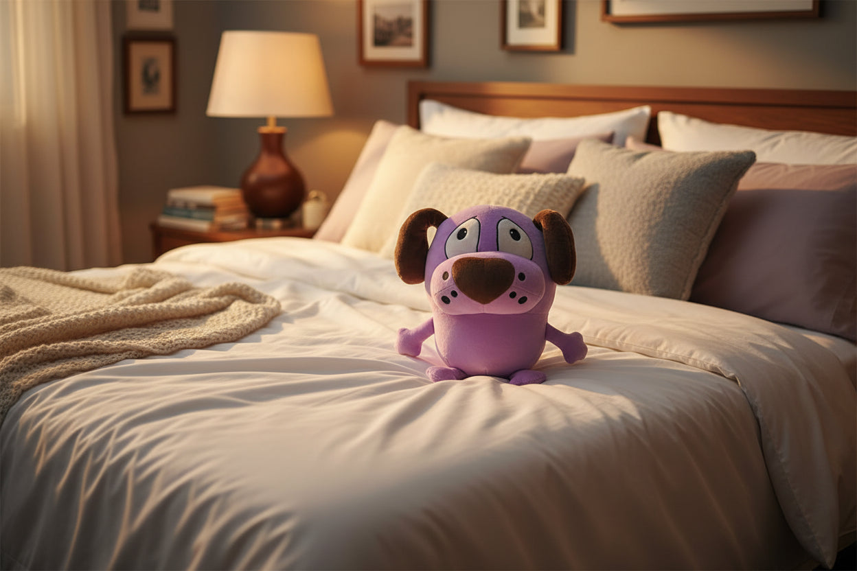 Cowardly purple dog plush placed on a bed as a comforting companion