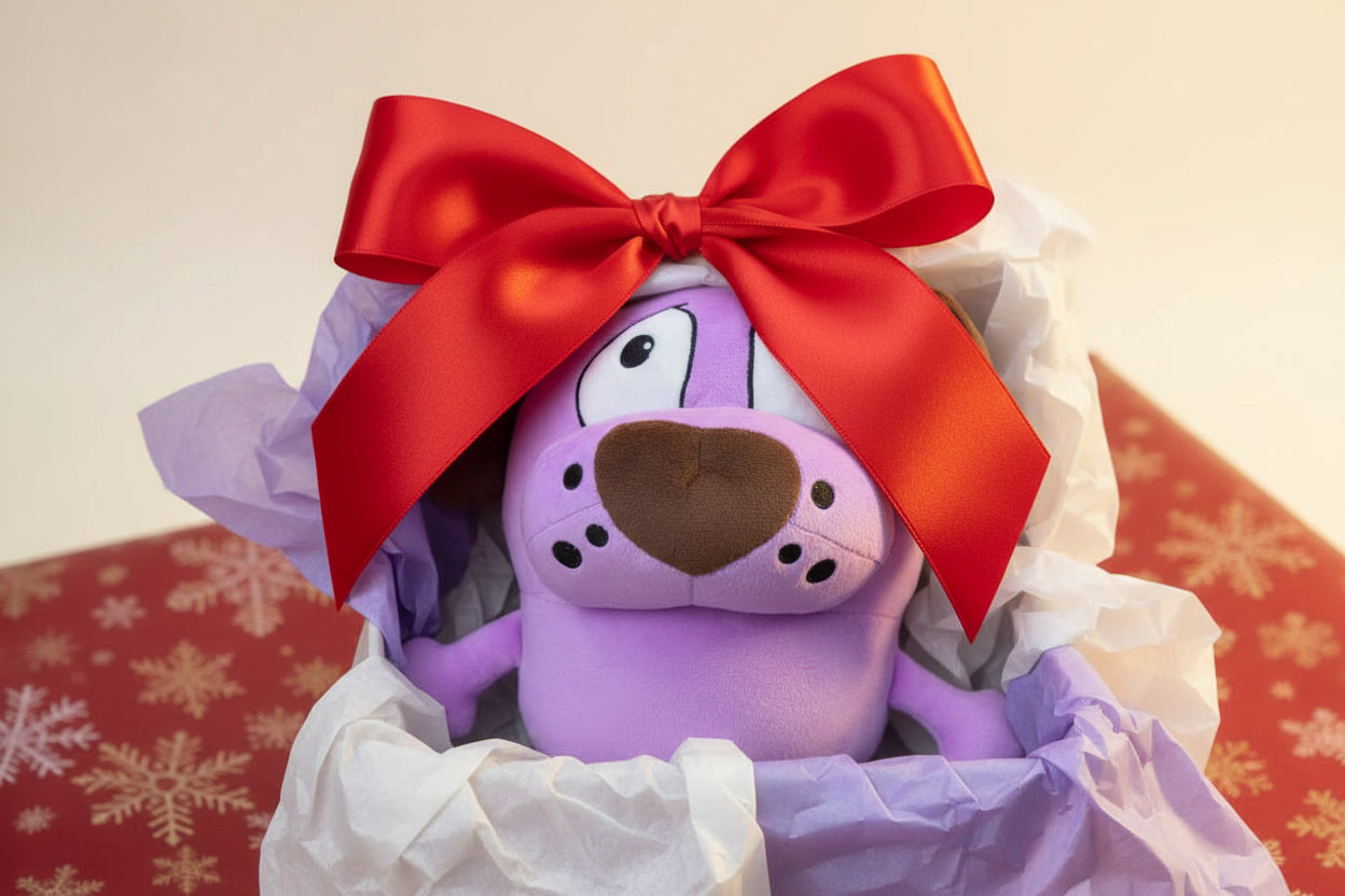 Cowardly purple dog plush presented as a thoughtful comfort gift