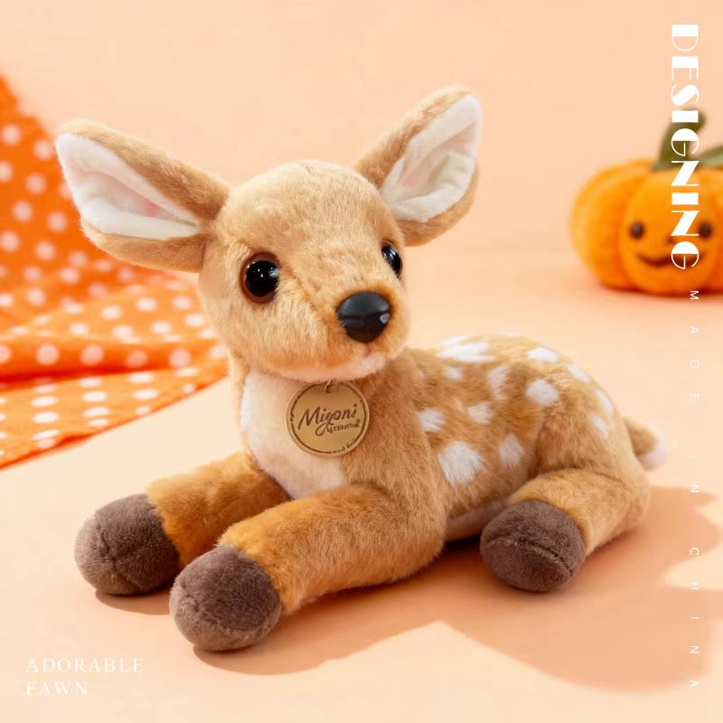 Cute baby deer plush toy in a warm fall aesthetic setting, soft fawn stuffed animal ideal for kids gifts, cozy decor, and seasonal home styling