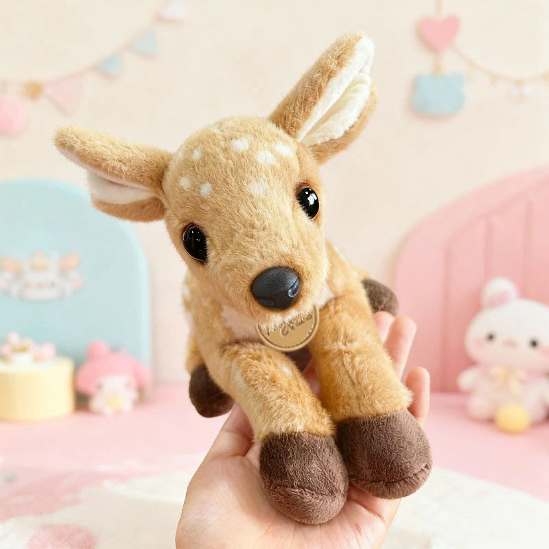 Cute baby deer plush toy held in hand in a pastel nursery setting, soft fawn stuffed animal perfect for kids gifts, cuddling, and room decor