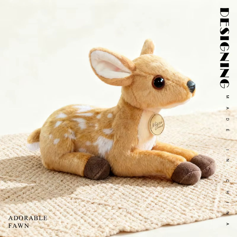 Cute baby deer plush toy in a minimal aesthetic setting, soft fawn stuffed animal perfect for nursery decor, cozy spaces, and gift ideas
