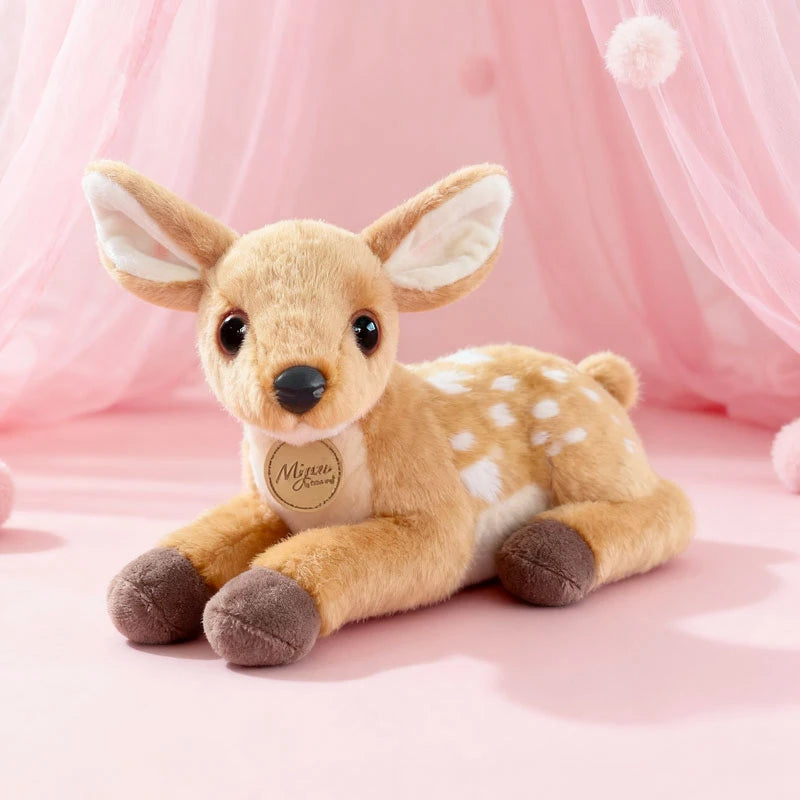 Cute baby deer plush toy on a soft pink aesthetic background, kawaii fawn stuffed animal perfect for kids, gifts, nursery decor, and cozy cuddling