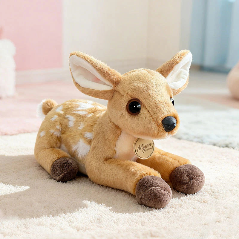 Cute baby deer plush toy resting on a soft carpet in a cozy room, fawn stuffed animal perfect for nursery decor, kids comfort, and cuddling