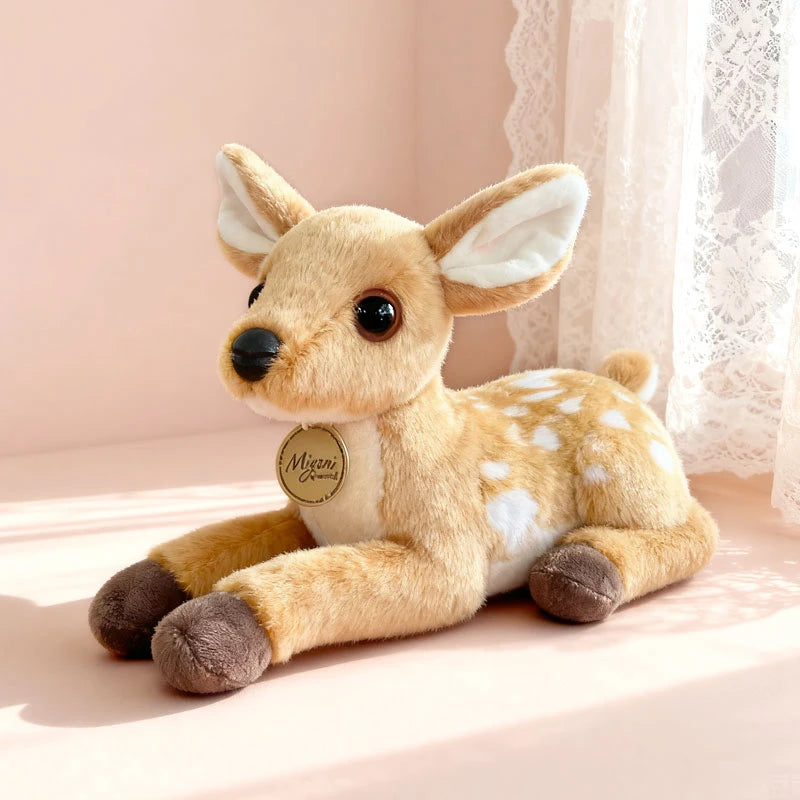 Cute deer plush toy resting on a soft pastel surface with warm sunlight, cozy fawn stuffed animal perfect for kids gifts, nursery decor, and cuddling
