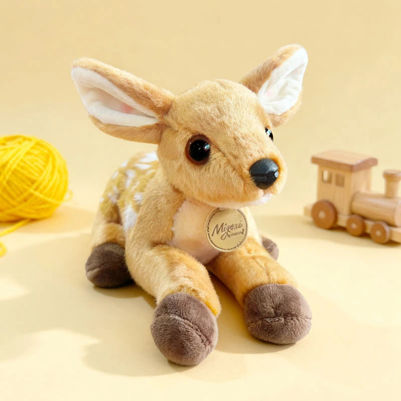 Cute deer plush toy on a warm yellow background with yarn and wooden toys, soft fawn stuffed animal perfect for kids gifts, nursery decor, and cuddling