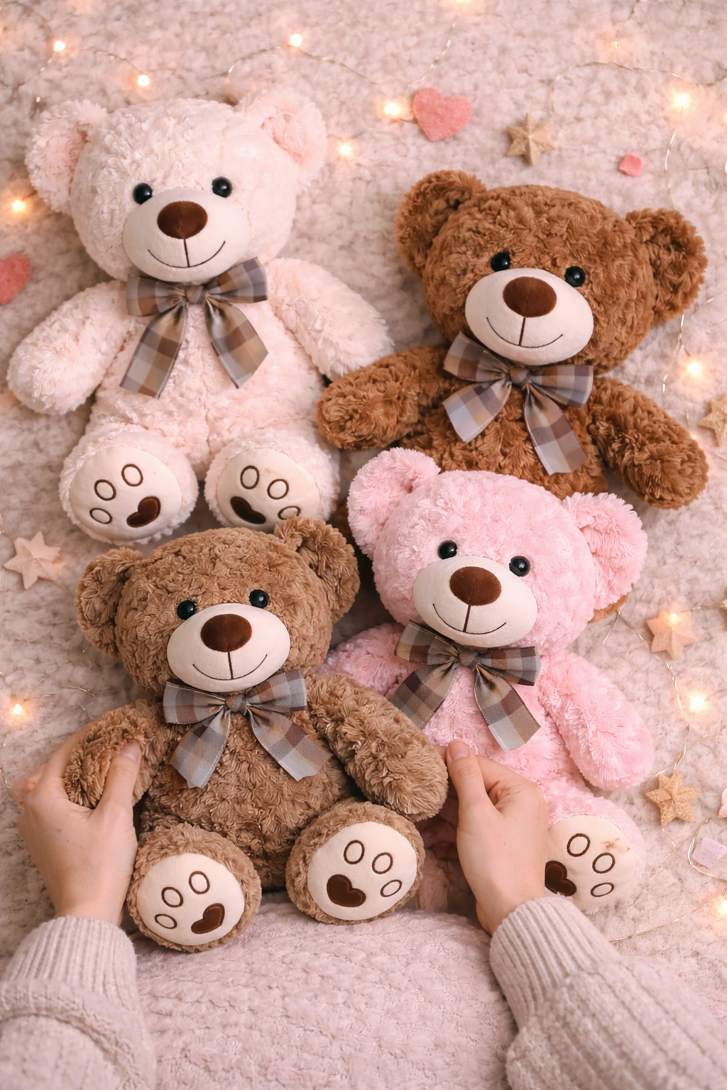Four teddy bears in different colors held by hands on a soft textured background with lights.