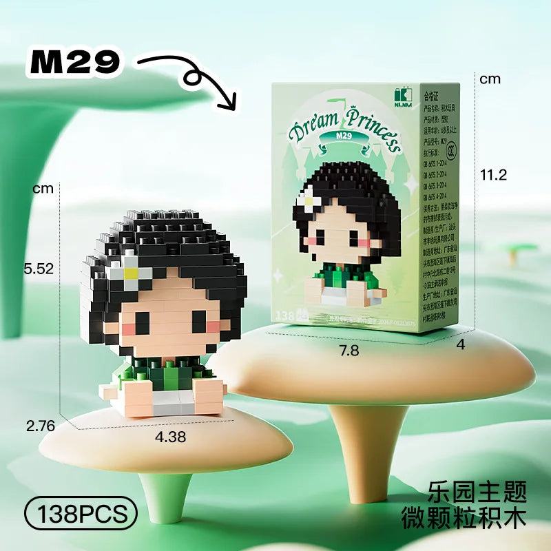 cute dark hair princess building block figure with green dress and display box mini collectible toy for kids gift
