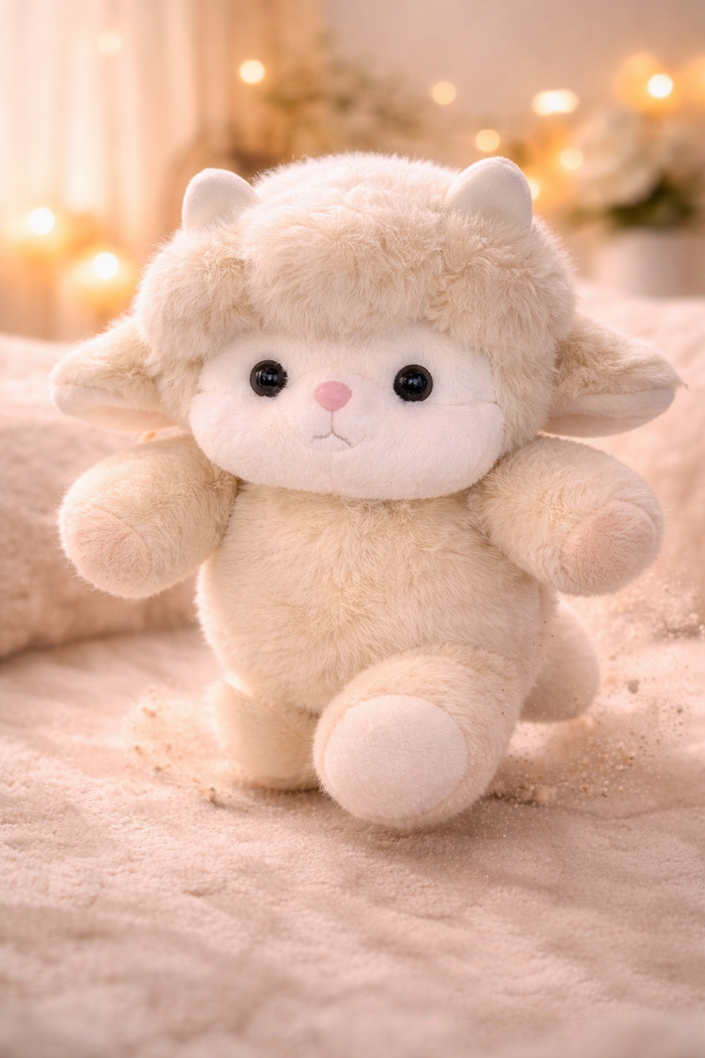 Dashy Zoomies plush sheep running on a soft cozy surface, cute stuffed animal designed for comfort and playful energy