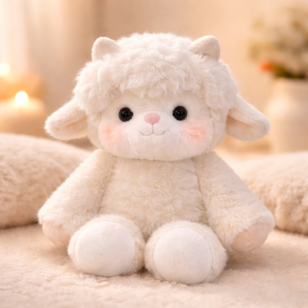 Dashy Zoomies sheep plush sitting on a soft surface, fluffy emotional support stuffed animal for comfort and calm