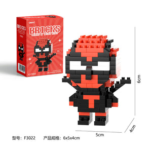 Deadpool-inspired building brick figure with red and black design