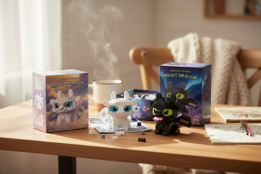 White and black dragon micro building block figures displayed with their boxes