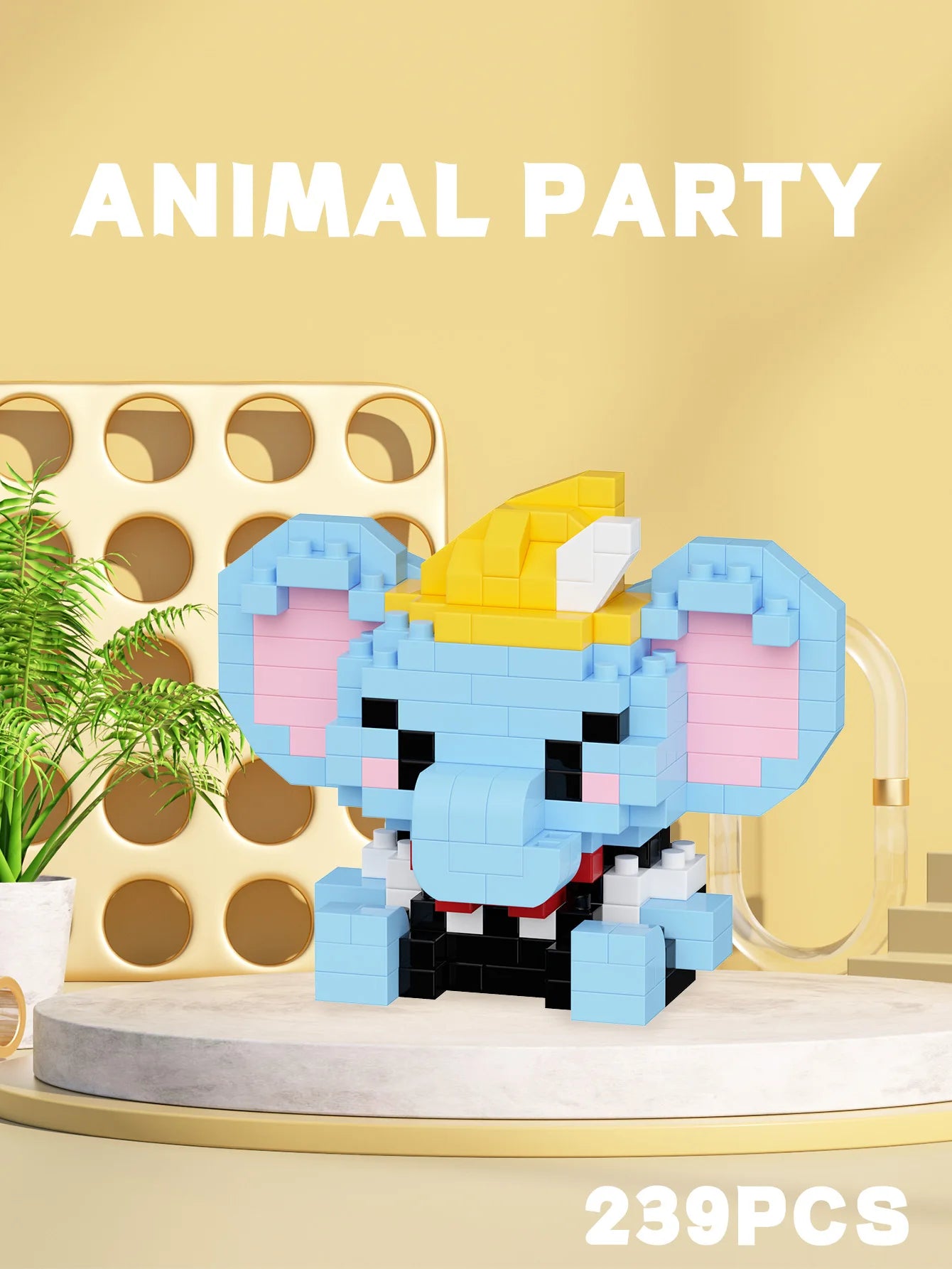 Cute elephant building block toy with hat, mini animal puzzle figure for kids on display with 239 pieces