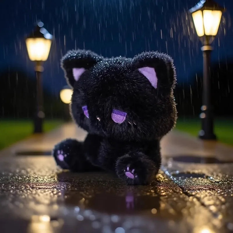 Close-up of the emo cat plush face with a cute and slightly sad expression